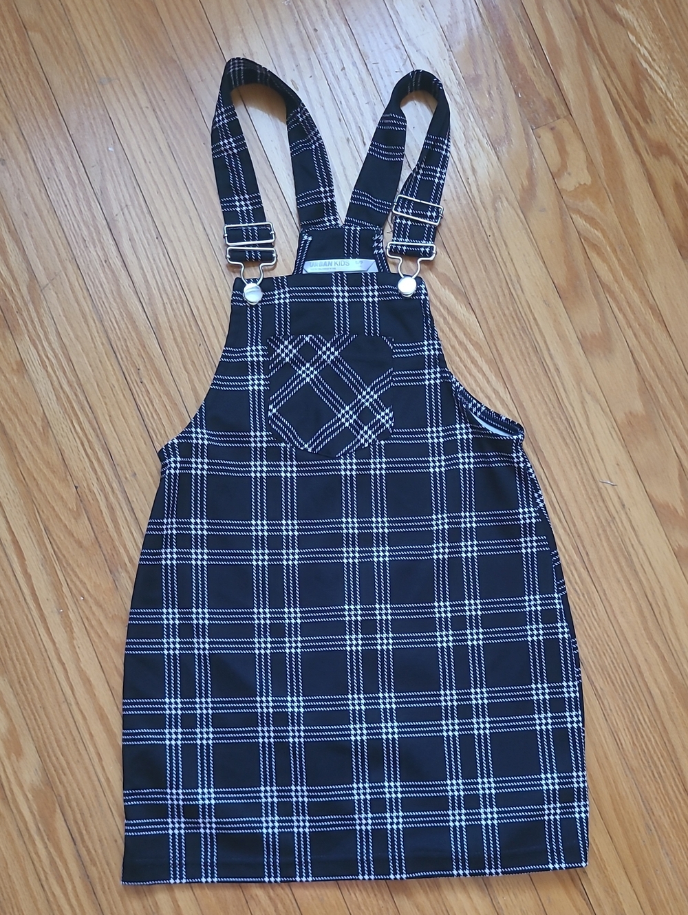 Girls Plaid Pinafore Dress Overalls - Black/White Sz 7/8